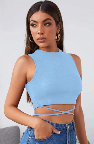 Lace up Sky Blue Crop Top - KUCAH