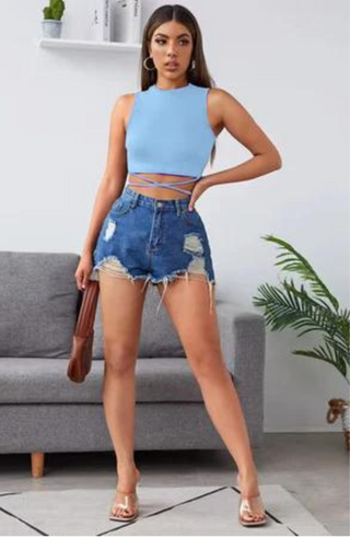 Lace up Sky Blue Crop Top - KUCAH