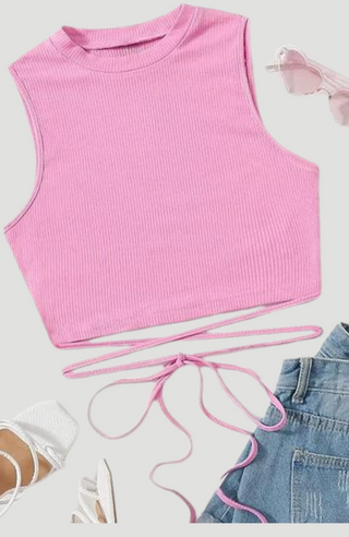 Lace up Pink Crop Top -KUCAH