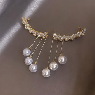 Fashion Frill Crystal Pearl Chain Drop Earrings For Women