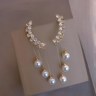 Fashion Frill Crystal Pearl Chain Drop Earrings For Women